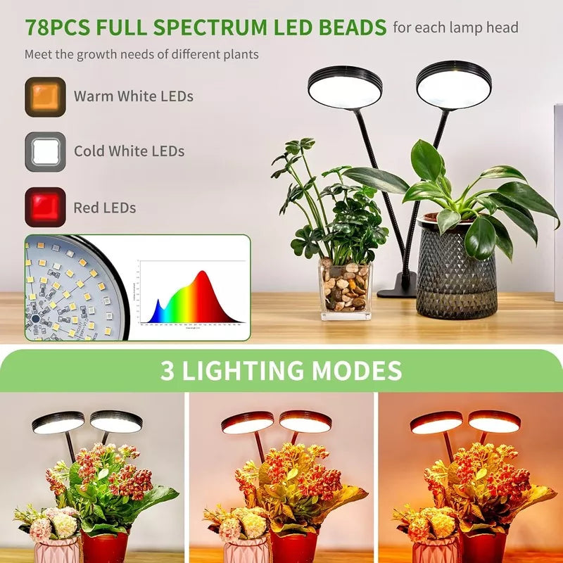 Full Spectrum 2-Head LED Grow Light with Gooseneck Clip 2 Colors 2 Packs