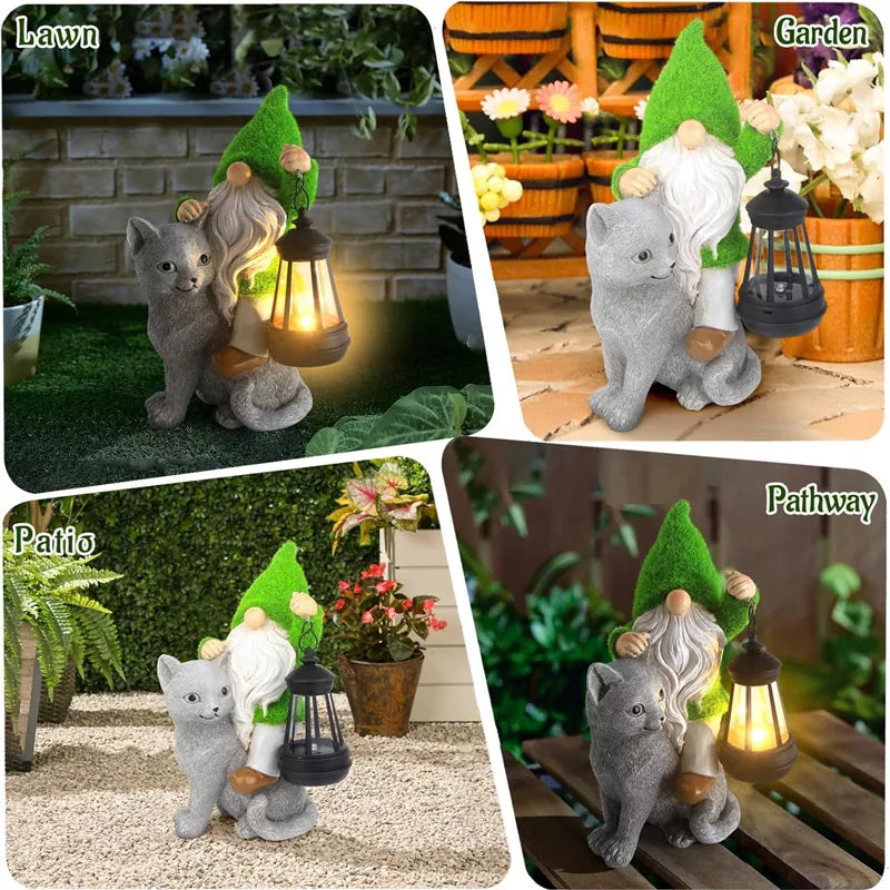 Garden Cat Gnome Decorations for Yard with Solar Lights