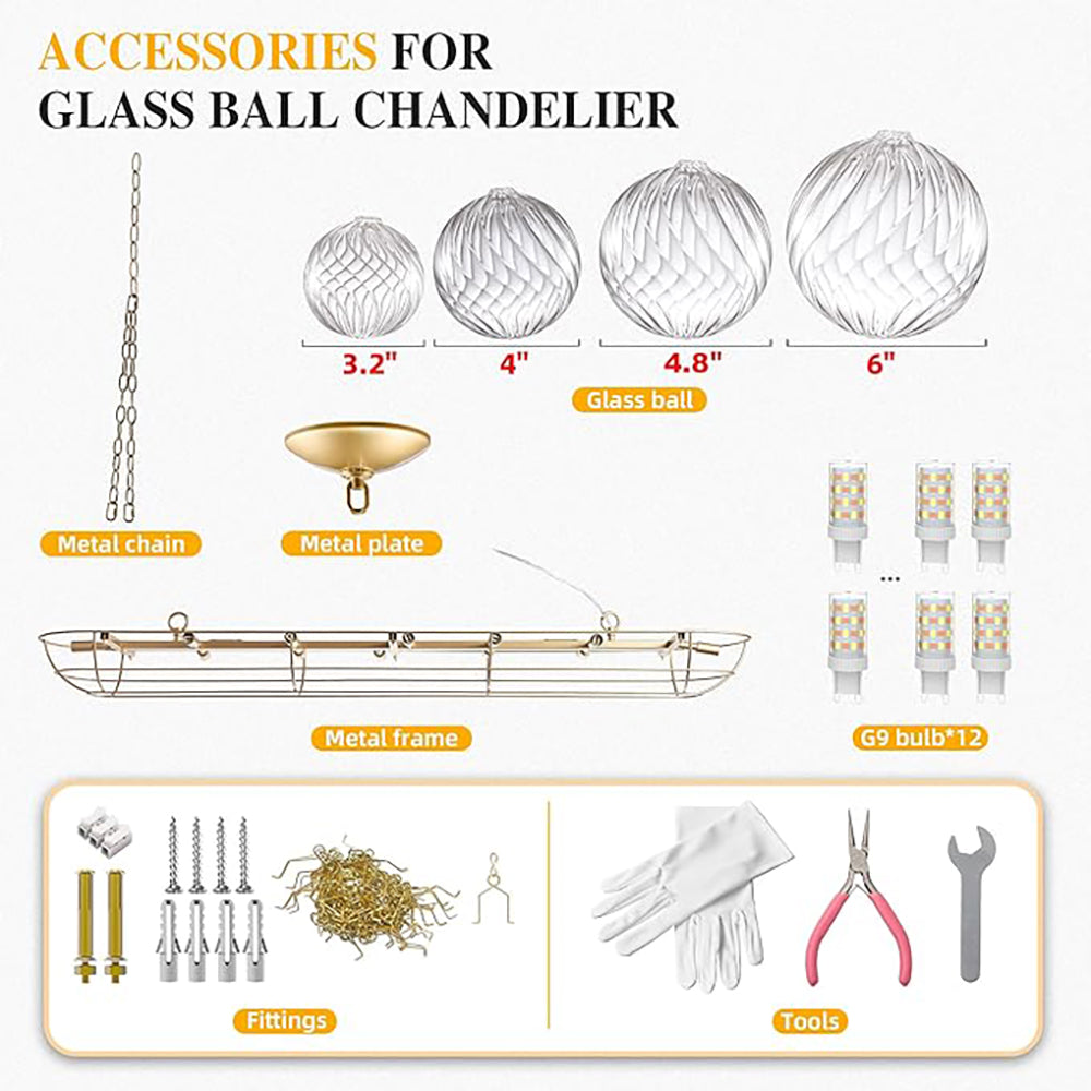 Bubbles Chandelier Talia Style Ribbed Clear Globes Rectangular Shape-T6