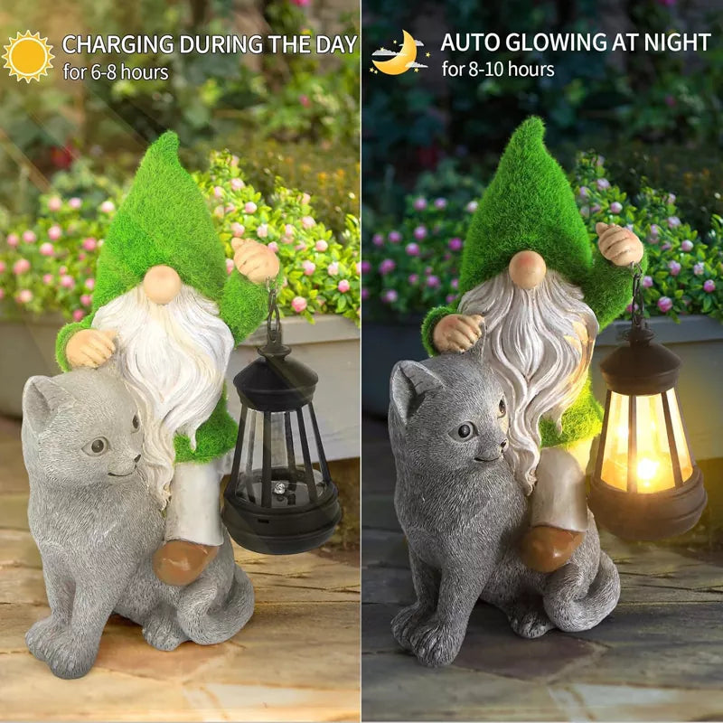 Garden Cat Gnome Decorations for Yard with Solar Lights