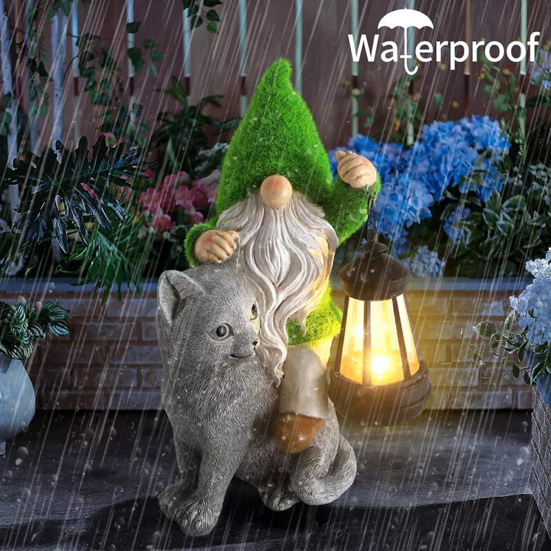 Garden Cat Gnome Decorations for Yard with Solar Lights