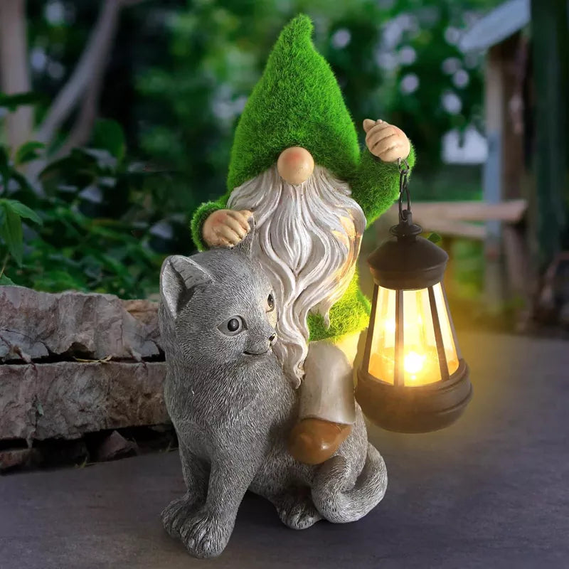Garden Cat Gnome Decorations for Yard with Solar Lights