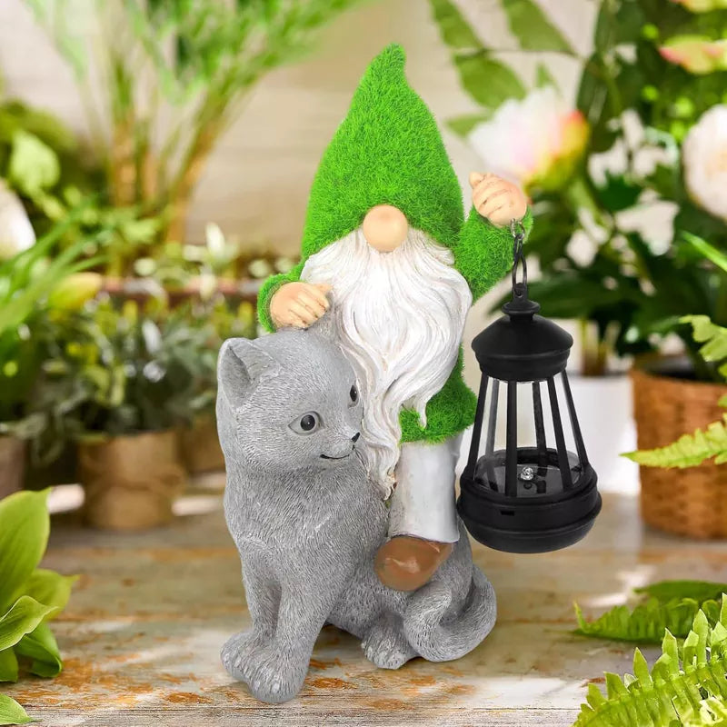 Garden Cat Gnome Decorations for Yard with Solar Lights